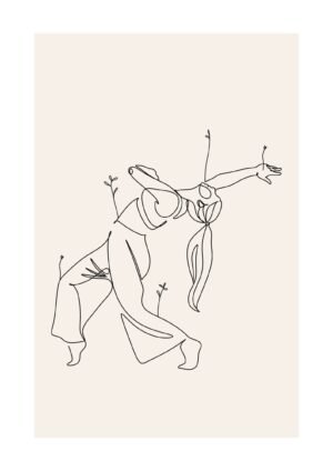 Female Dancing Black and Beige Minimalist Line Art Print framed poster and canvas wall art