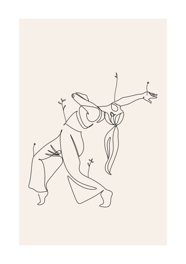 Female Dancing Black and Beige Minimalist Line Art Print framed poster and canvas wall art