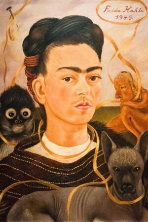 Frida Kahlo Self-Portrait with Small Monkey Art Print, framed poster and canvas wall art print