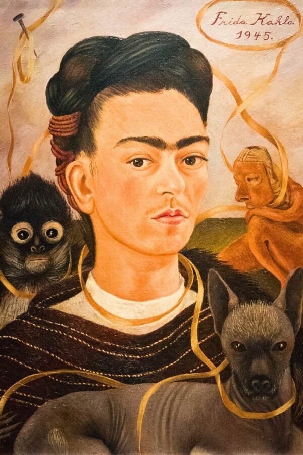 Frida Kahlo Self-Portrait with Small Monkey Art Print, framed poster and canvas wall art print