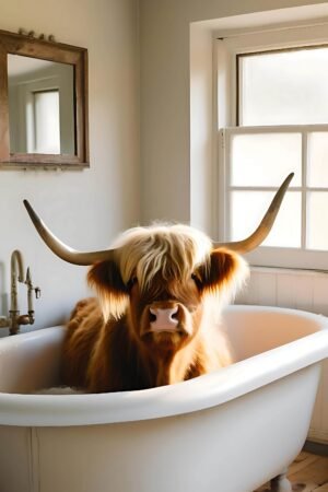 Highland Cow in Bathtub Print Large Framed Bathroom Wall Art