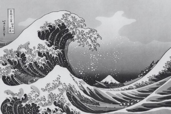 Hokusai's The Great Wave at Kanagawa Black and White Print framed poster and canvas wall art
