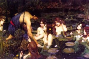 John William Waterhouse Hylas and The Nymphs Poster Print, Framed mythology Canvas Wall Art