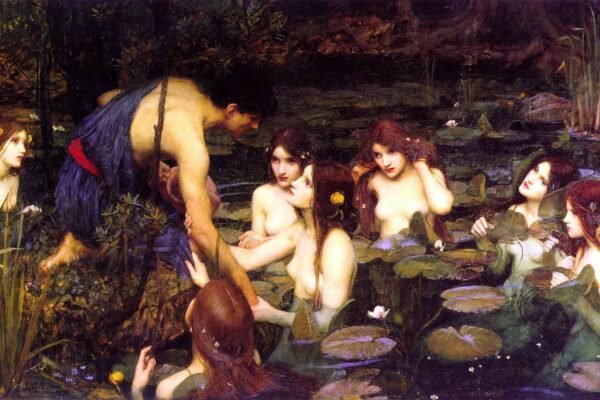 John William Waterhouse Hylas and The Nymphs Poster Print, Framed mythology Canvas Wall Art