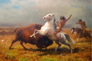 Indians Hunting Buffalo by Albert Bierstadt Art Print, Framed poster and Western Native American Canvas Wall Art Print