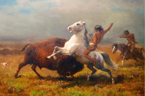 Indians Hunting Buffalo by Albert Bierstadt Art Print, Framed poster and Western Native American Canvas Wall Art Print