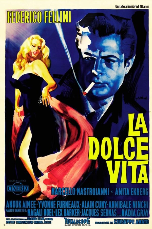 Vintage La Dolce Vita Movie Poster, Federico Fellini film advertising affiche Canvas Wall Art Print