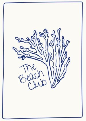 Minimalist Blue Coral The Beach Club Poster, framed sea creatures canvas wall art with summer vibes wall decor