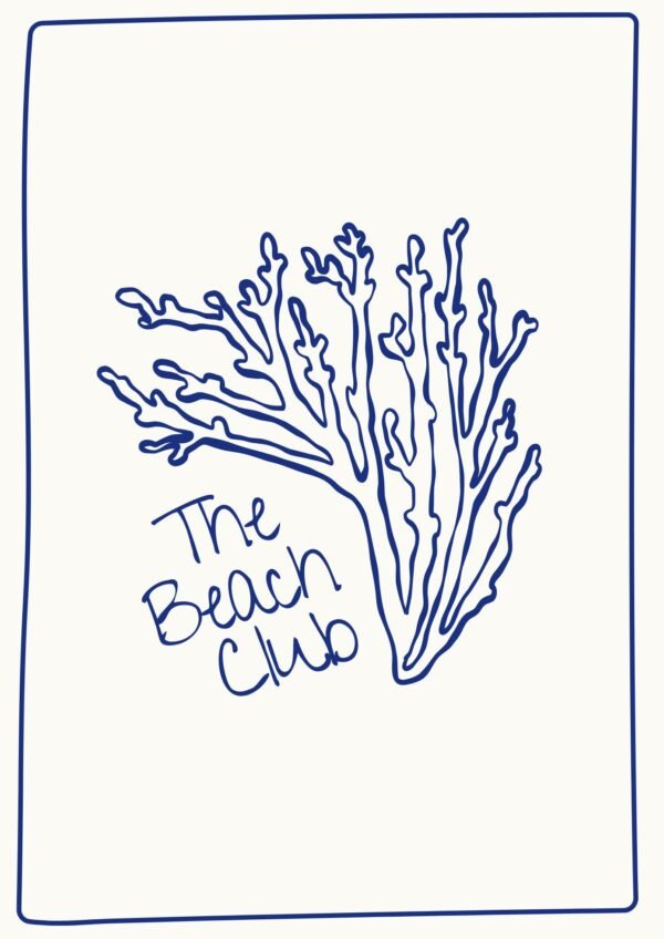 Minimalist Blue Coral The Beach Club Poster, framed sea creatures canvas wall art with summer vibes wall decor