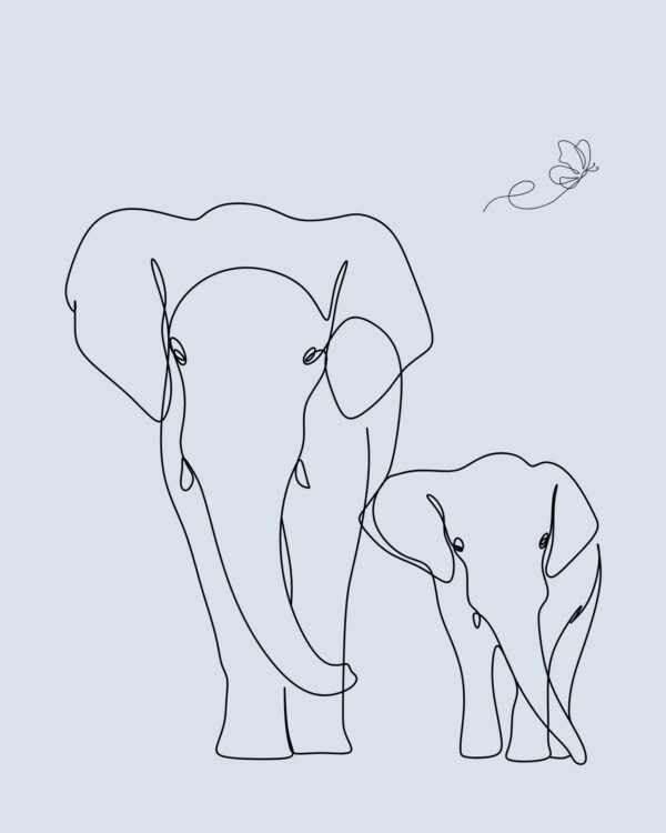 Mom and Baby Elephant Minimalist Line Art Print framed poster and canvas wall art
