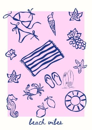 Pink and Blue Boho Minimalist Beach Vibes Poster print and framed canvas wall art