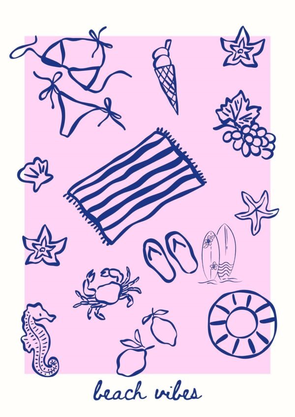 Pink and Blue Boho Minimalist Beach Vibes Poster print and framed canvas wall art