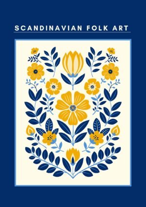 Scandinavian Folk Art Blue Yellow Beige Flowers Poster framed canvas wall art print