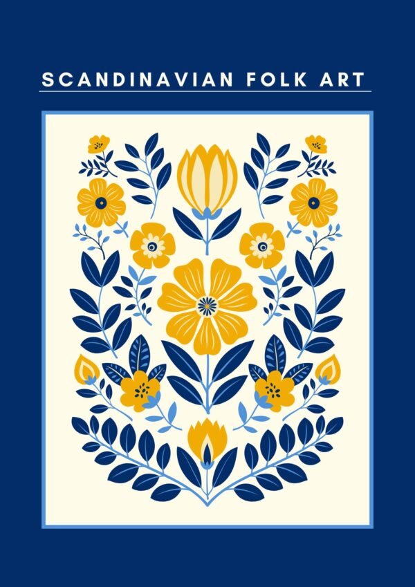 Scandinavian Folk Art Blue Yellow Beige Flowers Poster framed canvas wall art print