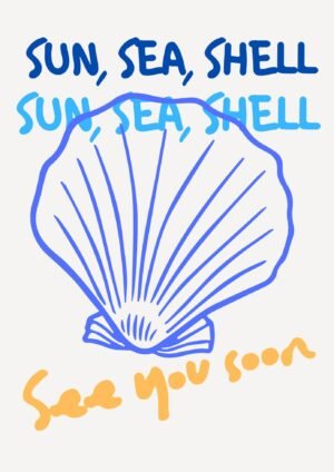 Sun Sea Shell Modern Minimalist Orange and Blue Summer Poster