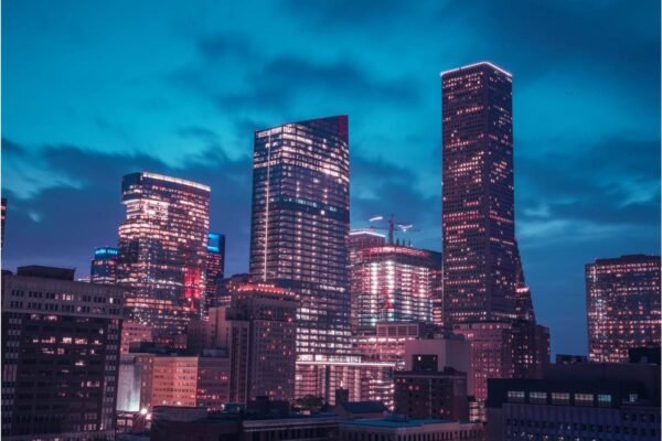 Texas Houston Downtown Skyline at Night Print Framed Poster and City Photography Canvas Wall Art