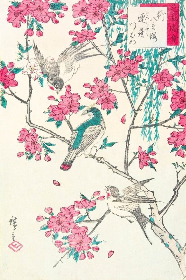 Utagawa Hiroshige Cherry Blossoms, Willow, Sparrows and Swallow Art Print, framed poster and framed japanese floral woodblock canvas wall art