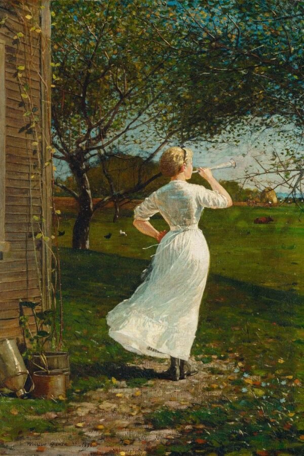 Winslow Homer The Dinner Horn (Blowing the Horn at Seaside) Print framed poster and canvas wall art