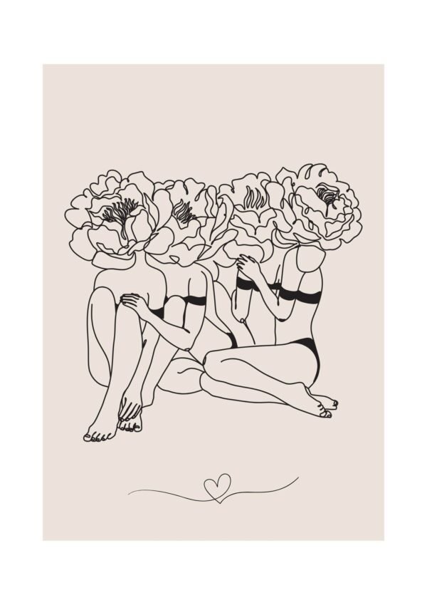 Women with Flower Heads Line Art Poster Print Minimalist Canvas Wall Art
