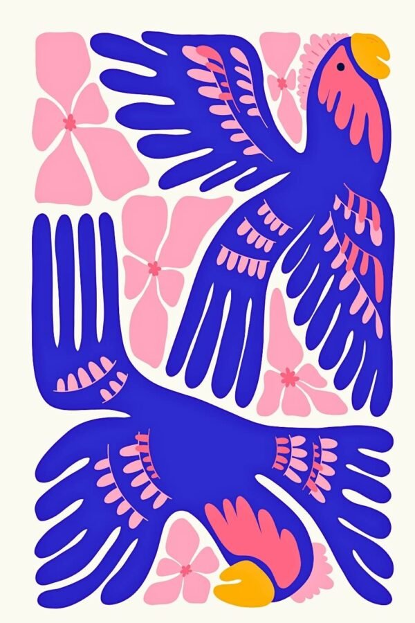 Pink Blue Floral Birds Wall Art Print