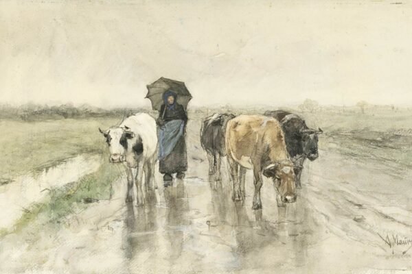 Anton Mauve A Herdess with Cows on a Country Road in the Rain Print