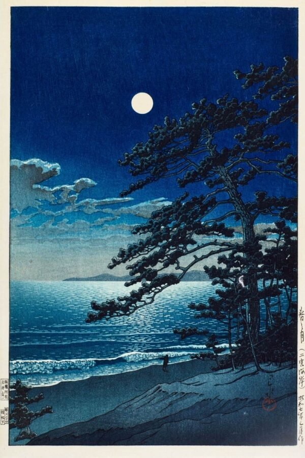 Kawase Hasui Spring Moon at Ninomiya Beach Print Japanese Ukiyo E Woodblock Canvas Wall Art and Framed Poster