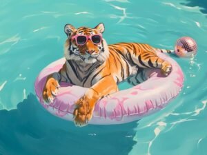 Tiger in a Pool Wall Art Print, framed poster and canvas art